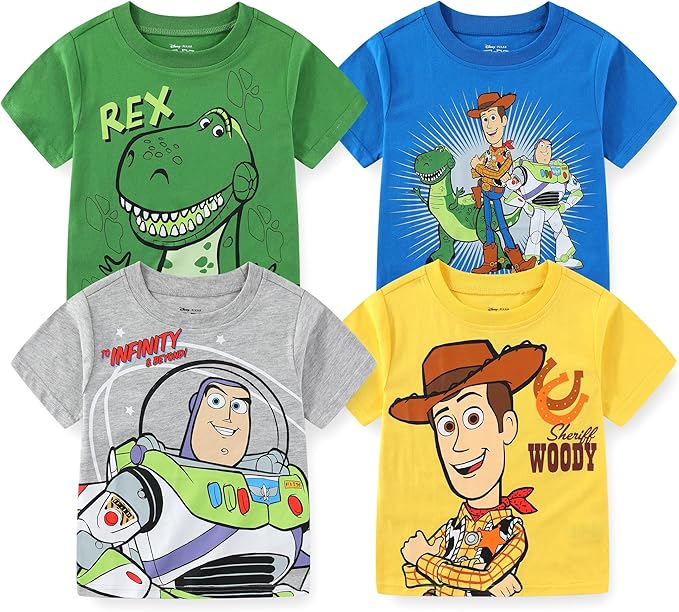 Disney Toy Story Woody, Buzz and Rex Boys Short Sleeve T-Shirt 4 Pack for Toddler and Little Kids