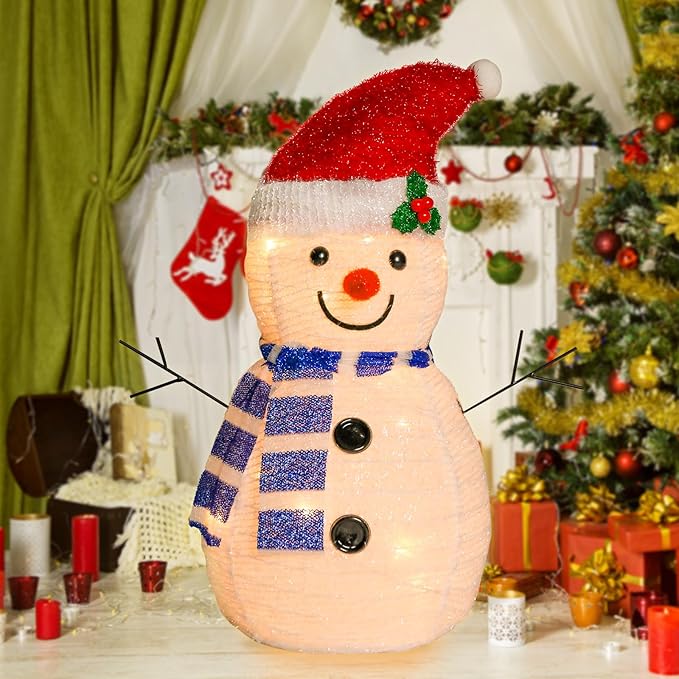 VCUTEKA Christmas Snowman Decorations, 2FT Collapsible Snowman with LED Lights Pop up Xmas Holiday Decor for Indoor Outdoor Home Yard Garden Lawn