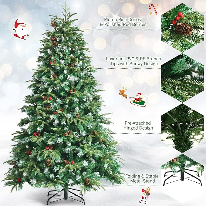 GOFLAME 7ft Pre-Lit Artificial Christmas Tree, Realistic Xmas Tree w/ 1315 Branch Tips, 450 Multi-Color LED Lights, 43 Pinecones & Red Berries, Pine Tree w/ 11 Flash Modes for Holiday Decoration