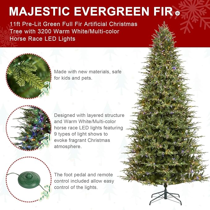 Glitzhome Artificial Christmas Tree, 11ft Prelit Hinged Holiday Tree Majestic Evergreen Fir Xmas Tree with 3200 Warm White/Multi-color Horse Race LED Lights, 9 Function w/Foot Pedal and Remote Control