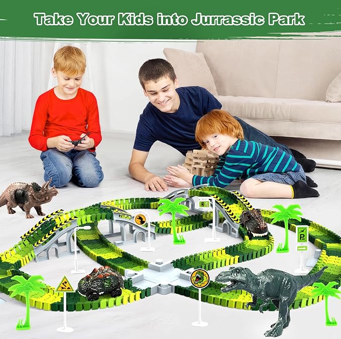 Dinosaur Toys, Create A Dinosaur World Road Race Tracks Glow in The Dark Flexible Train Track Playset, 2pcs Dinosaur Car for 3 4 5 6 Year Old Boys Girls Christmas Birthday Gift, CF2268