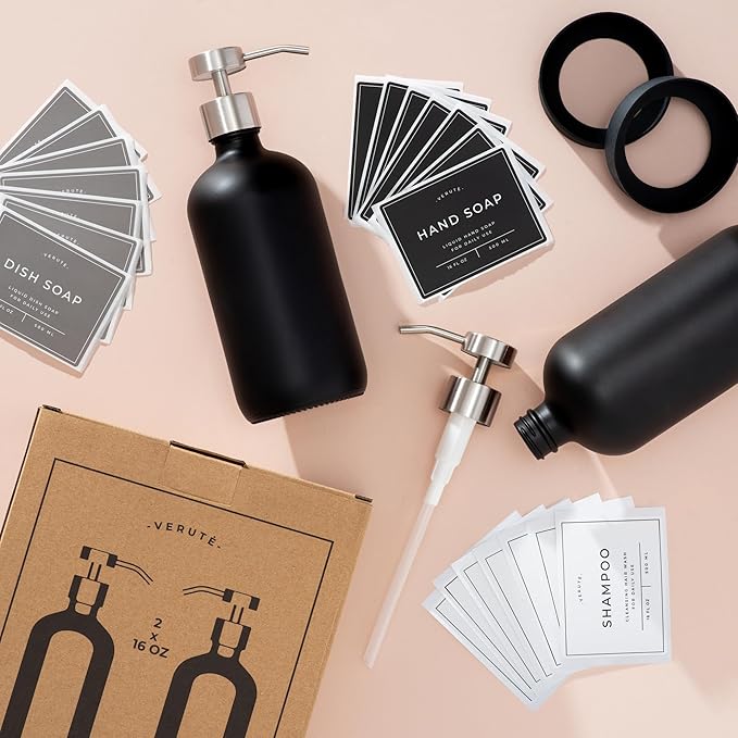 16oz Glass Soap Dispenser with Stainless Steel Pump, 21 Waterproof Labels, Non-Slip Protective Silicone Pad, Set of 2 for Bathroom & Kitchen (Matte Black Bottle/Brushed Silver Pump)
