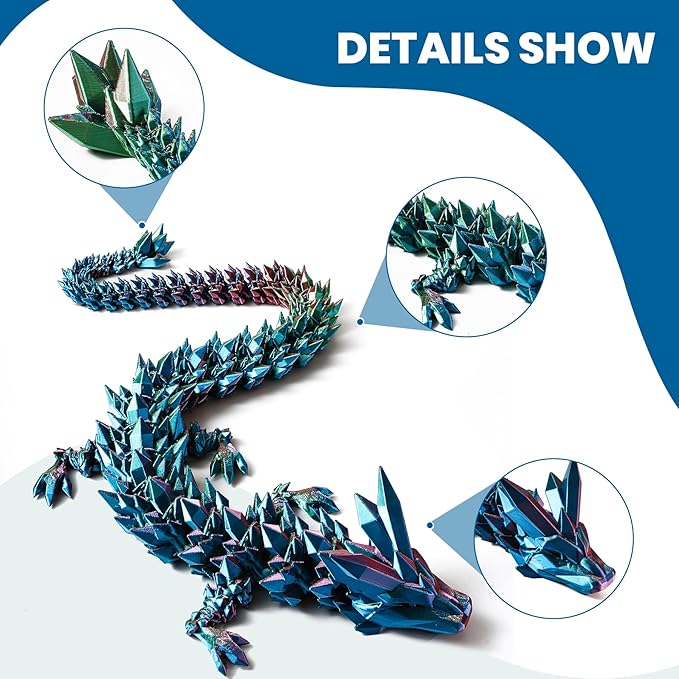 30'' 3D Printed Dragon - 3D Printed Toys, Articulated Crystal Dragon Large Rainbow Animal Fidget Toy, Decor Huge Dragons Collectible Figurines(Blue Green Purple,30inch)