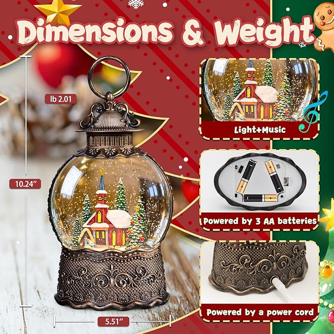 Christmas Snow Globes Lantern, Church and Christmas Tree Christmas Decorations Indoor, 6H Timer Battery & USB Powered Light Up Musical Snow Globes for Kids Women Adults Gift Thanksgiving Home Decor
