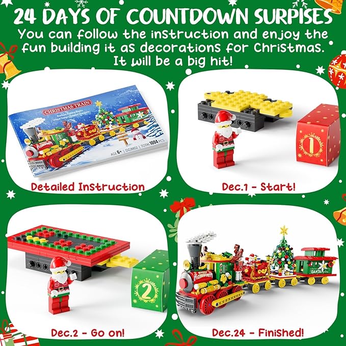 Advent Calendar 2025 Christmas Gifts for Kids Adults Teens, Christmas Train Building Blocks Holiday Gifts New Year Gift Box with Tree Santa Nutcracker Toys Set for Boys Girls Women Men Age 6+