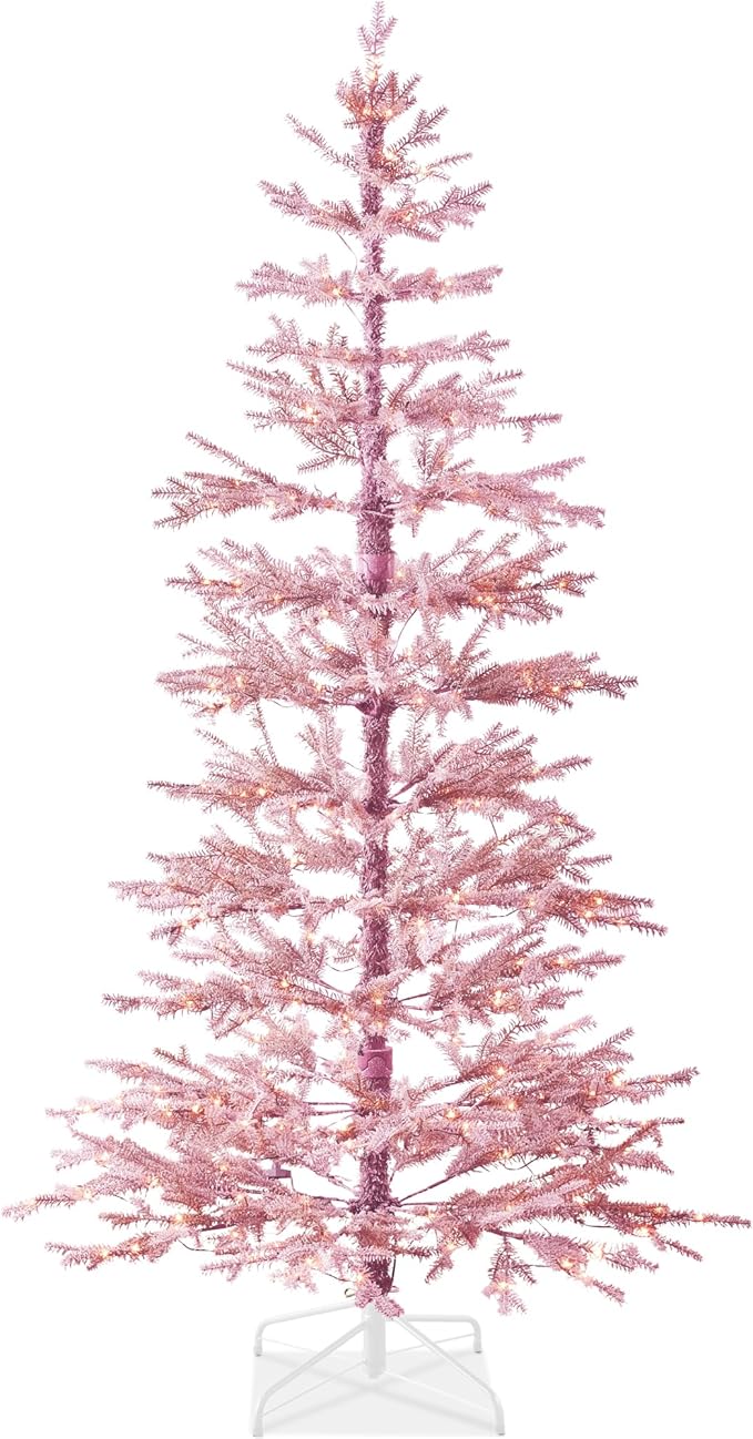 Best Choice Products Pre-Lit Sparse Christmas Tree 12ft Artificial Flocked Pine Holiday Décor Aspen Noble Fir White & Multicolor LED Lights- Pink