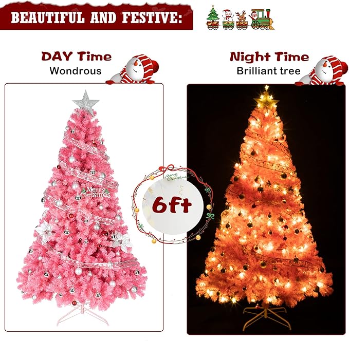 Bonnlo Upgraded Full 6ft Artificial Pink Christmas Tree Holiday Decoration w/ 1,600 Branch Tips, Sturdy Metal Stand