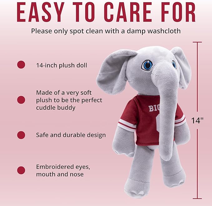 Plushible 14" University of Alabama Big Al Mascot Plush Figure - College Football Ragdoll - Sports Mascot Figure - Soft Plush Material - Surface Washable - Baby Doll - All Ages - Rag Dolls Toddlers
