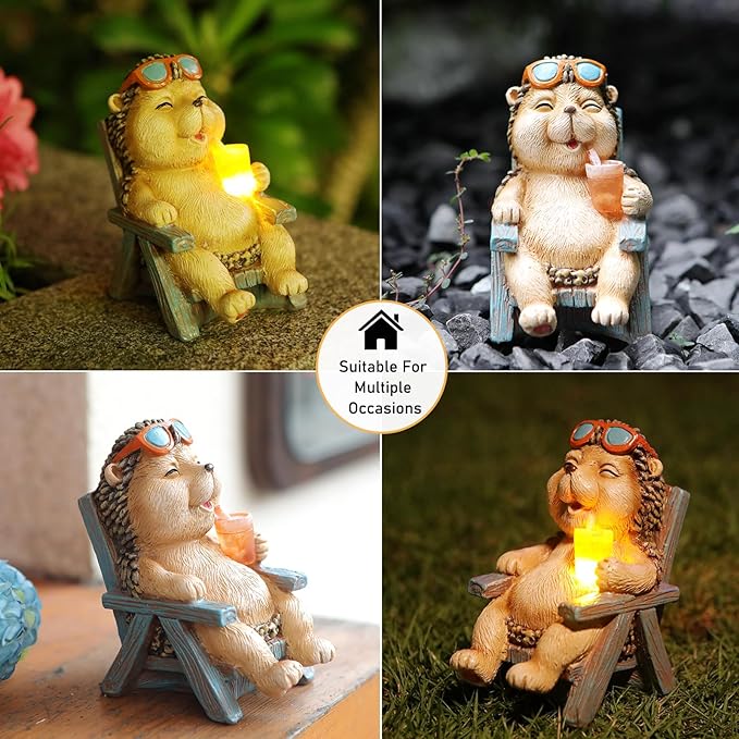 Hedgehog Statue Outdoor Solar Garden Decor for Outside Lawn Yard Patio, Home Office Fall Halloween Decorations Indoor Lights, Ideal Ornaments Birthday Gifts for Mom Women Grandma