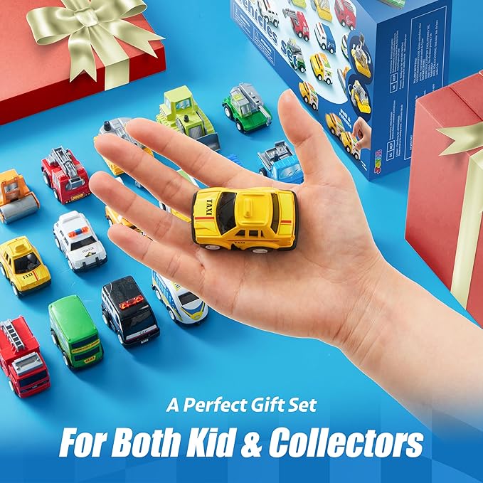 JOYIN 18 Pcs Pull Back City Cars and Trucks Toy Vehicles Set, Friction Powered Cars Toys for Toddlers, Boys, Girls’ Educational Play, Kids Stocking Stuffers, Easter Basket Stuffers