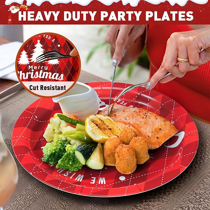 Gezond 200 Pcs Christmas Paper Plates and Napkins, Christmas Tree Red Plaid Disposable Plates, Incloud Dinner Plate Dessert Plate and Napkins for Holiday Party Supplies Serve 50