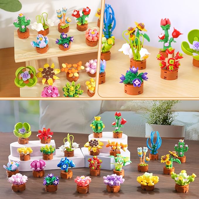 24 Pack Flowers Succulent Party Favors for Kids Building Set - 1012PCS Botanical Bonsai 3.6MM Mini Building Blocks Toy for Classroom Prizes Easter Basket Stuffer Birthday Gift for Girl Boy 6+