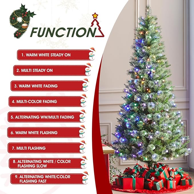 Glitzhome Prelit Christmas Tree, 7.5ft Artificial Green Christmas Tree Charming Cashmere Slim Pine with 350 Warm White and Multi-Color Globe LED Lights, 9 Function w/Foot Pedal and Remote Control