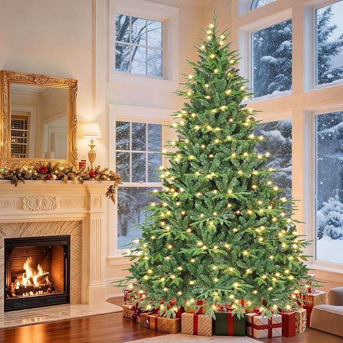 9ft Prelit Artificial Christmas Tree with 5422 PE PVC Tips, Premium Pre-Lit Holiday Xmas Tree with 700 UL Incandescent Lights, Metal Hinges & Foldable Base for Home Office Party, Green