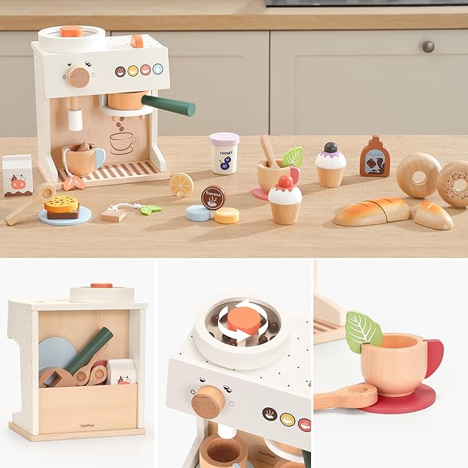 PairPear Wooden Toy Coffee Maker Set for Kids Kitchen, 18 Piece Play Food Coffee Machine Playset, Pretend Play Kitchen Accessories Set for Girls and Boys Ages 3+