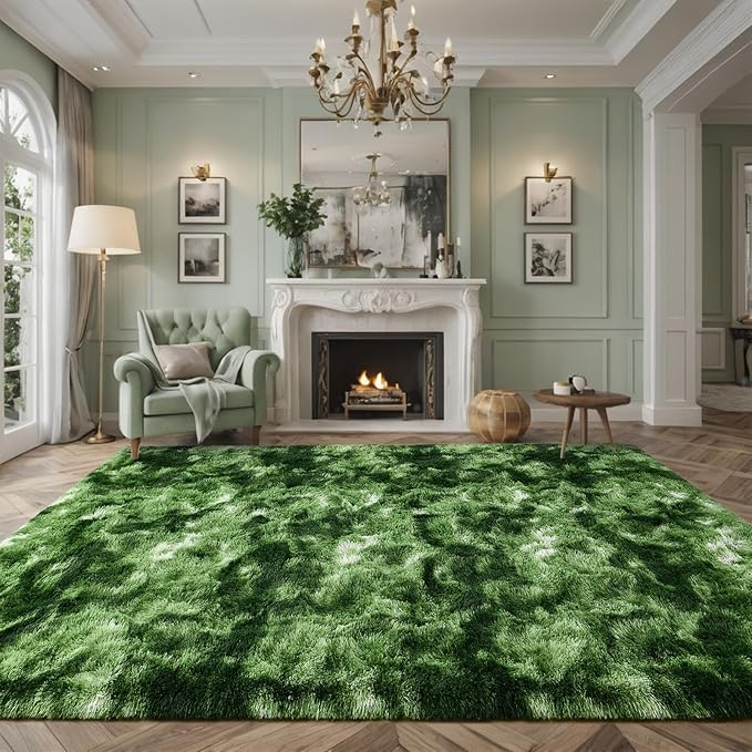 Nuttumico Large Fluffy Area Rug, 6x9 Feet Modern Indoor Carpets for Living Room Bedroom, Plush High Pile Tie-Dyed Dark Green Rug for Girls Kids Playroom Classroom Nursery Home Decor