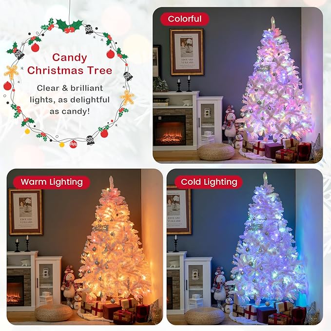 GOFLAME 6FT Pre-Lit Artificial Christmas Tree Snow Flocked, Hinged Xmas Tree with 808 PVC Branch Tips, 350 LED Lights & 8 Lighting Modes, Holiday Decoration Tree for Home, Office, Party, Pink