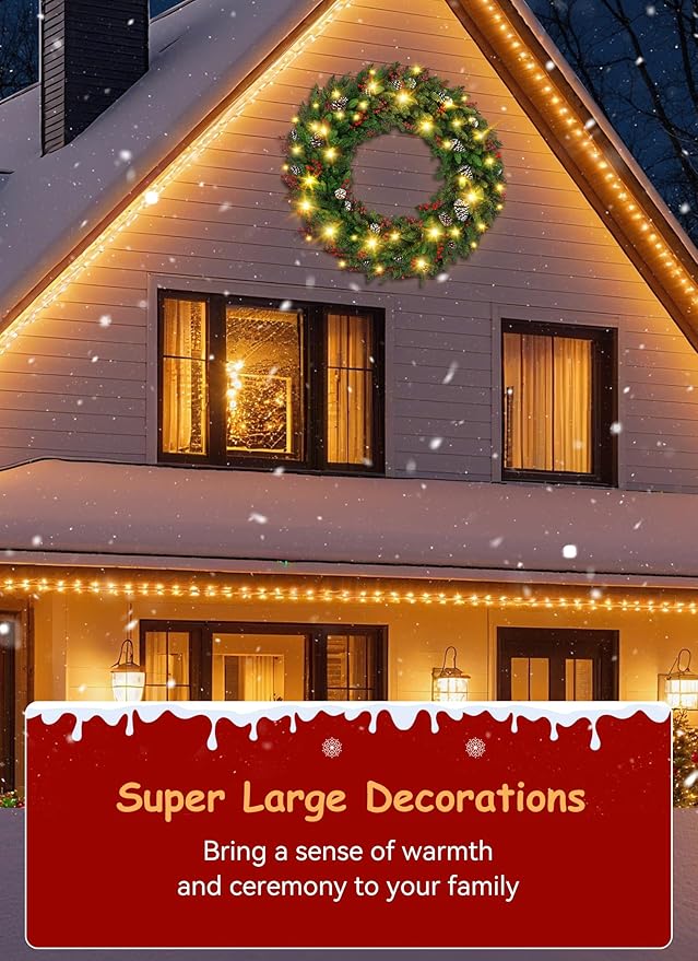 Brightown 48 Inch Large Pre-Lit Artificial Christmas Wreath,Outdoor Christmas Decorations with 200 LED Lights, Pine Cones & Berry Clusters,Outdoor Christmas Wreath for Door Wall Windows,Plug-in