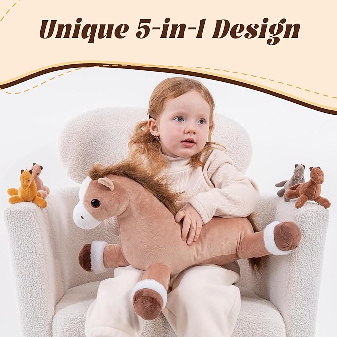5Pcs Horse Stuffed Animal, Large Mommy Horse Stuffed Animal with Babies Inside, 3.3 lbs Weighted Pony Stuffed Animals, Soft Plush Toy for Kids Boys Girls on Birthday Children's Day Christmas