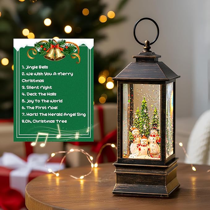 10'' Musical Snow Globe Lantern Lighted Snowman Family Water Lantern Swirling Glittering Home Decoration and Gift, Battery Operated or USB Powered