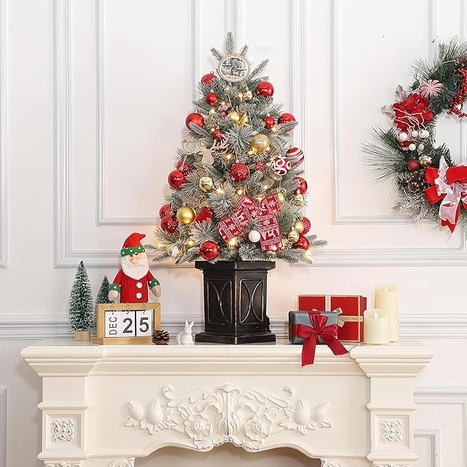 3ft Christmas Tree Pre-Lit Artificial Christmas Tree with Vintage Potted Base, Flocked Snow 78 Warm White LED Lights 8 Lighting Modes, Xmas Holiday Decor for Home, Entrances