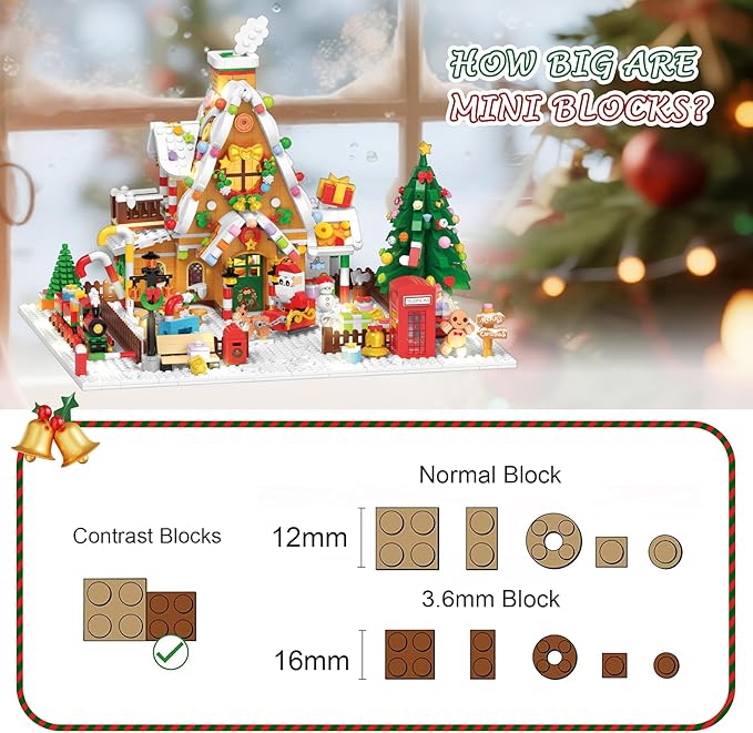 2025 Christmas Gingerbread House Courtyard Mini Building Set with Lights, Christmas Village Building Block Toy with Santa Xmas Tree Holiday Train Gift for Adults Boys Girls 14+ (1763PCS)