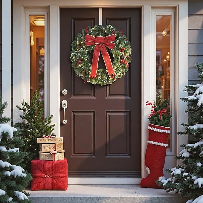 Christmas Wreath Front Door Wreath - 24 Inch Pre-Lit Outdoor Wreaths for Front Door Battery Operated 55 White Lights Bulbs Christmas Decoration Wall Wreath Outside DiliComing