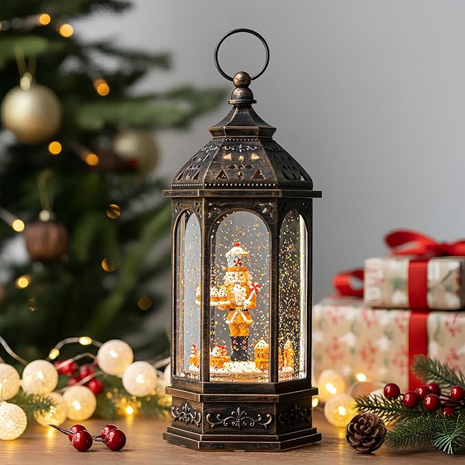 12.8'' Christmas Snow Globe Lantern, Gingerbread Man Train Will Rotate Around The Gingerbread Nutcracker with Musics Swirling Glitter Water Lantern Decoration for Home, Battery Operated or USB Powered