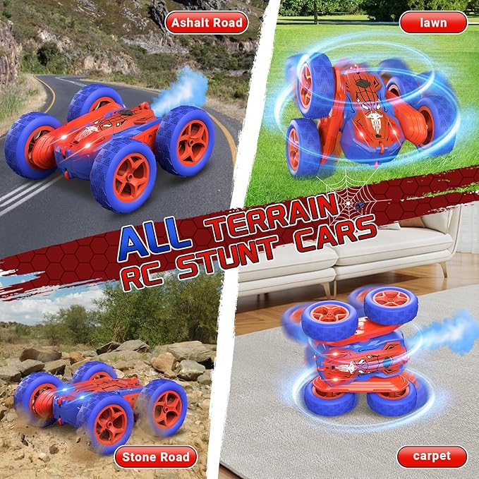 Spider Remote Control Car for Boys, RC Stunt Car with Light Spray, RC Cars Rechargeable Double Sided Driving 360° Flip Rotating Racing, Toys for Kids Age 4-6 6-8 8-12 Birthday Gifts