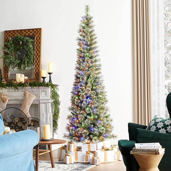 Glitzhome 7.5ft Prelit Christmas Tree, Artificial Christmas Tree, Hinged Pencil Christmas Trees Portland Cashmere Pine with 250 Warm White/Multi-Color Lights, 9 Function w/Remote Control