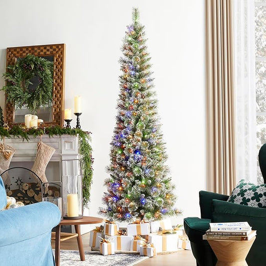 Glitzhome 7.5ft Prelit Christmas Tree, Artificial Christmas Tree, Hinged Pencil Christmas Trees Portland Cashmere Pine with 250 Warm White/Multi-Color Lights, 9 Function w/Remote Control