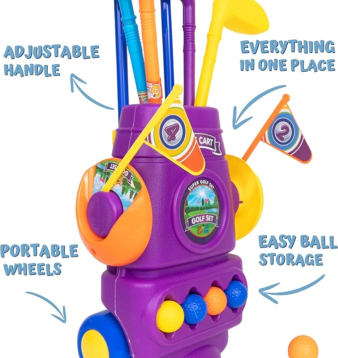 ToyVelt Toddler Golf Set - Kids Clubs with 6 Balls, 4 Sticks, 2 Practice Holes & a Putting Mat Promotes Physical Mental Development, Ideal Gift for Boys 2-10, Purple
