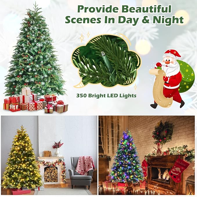 GOFLAME 6ft Pre-Lit Artificial Christmas Tree, Realistic Xmas Tree w/ 899 Branch Tips, 350 Multi-Color LED Lights, 35 Pinecones & Red Berries, Pine Tree w/ 11 Flash Modes for Holiday Decoration, Green