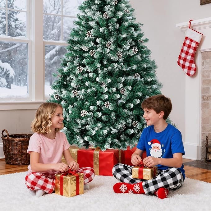 6FT Artificial Christmas Tree, Unlit Hinged Premium Xmas Trees with 800 Branch Tips, 30 Pine Cones, Foldable Metal Stand for Home, Office, Holiday Party Decoration