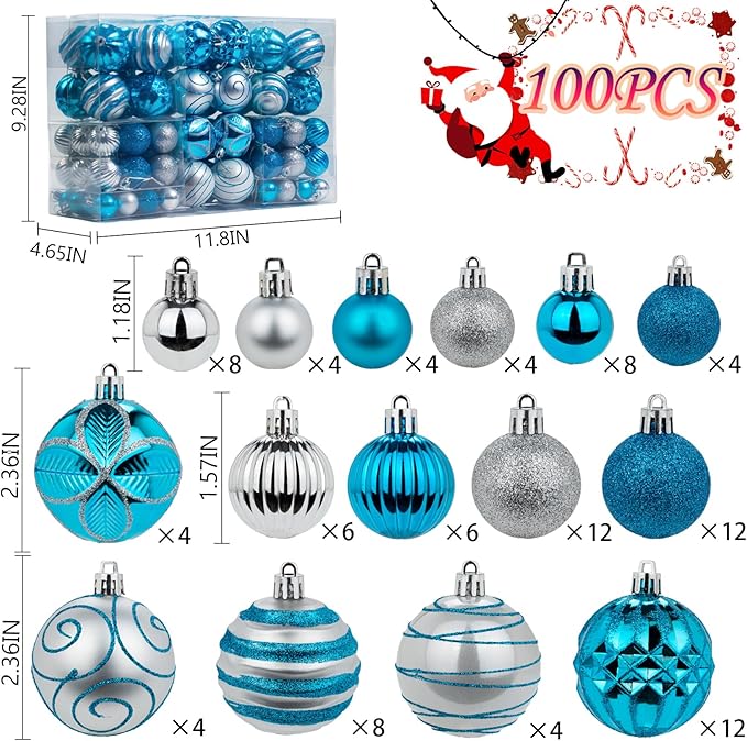 100Pcs Christmas Ball Ornaments Set, Shatterproof Plastic Blue and Silver Christmas Ornaments for Xmas Tree, Assorted Baubles Hanging Decorations for Holiday/Party/Wedding