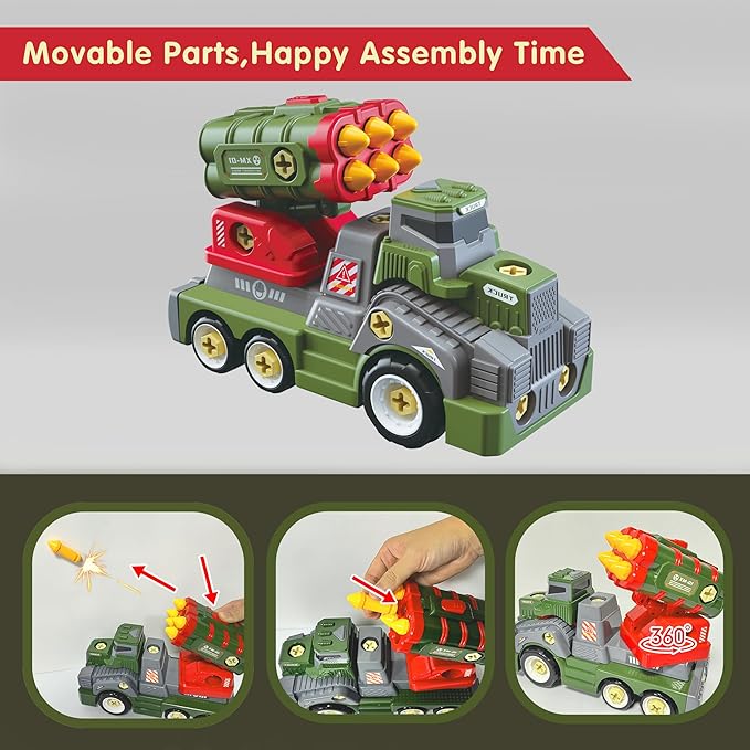 11inches Large Take Apart Army Toys for Boys Girls Kids 3-5 6-8 Year Old Missile Katyusha Rocket Trucks with Electric Drill Assembly Toy Set Gifts