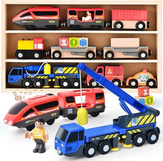 Electric Train Set Toys Wooden Magnetic Cars - Locomotive Auto Reverse/Park/Sound/Light, Gift for 3 4 5 6 Year Old Toddlers Kids Boys Truck Trains Toy, Compatible with Common Wooden Train Tracks