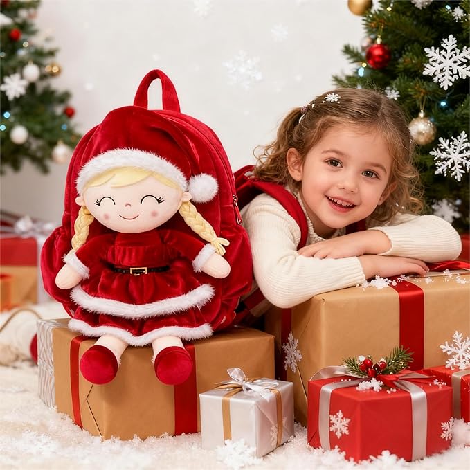 Gloveleya Plush Backpacks Toddler Backpack Removable Doll and Backpack Christmas Gifts Baby Girl Gift For 2 to 8 Years Girl Birthday Gifts With Red Doll