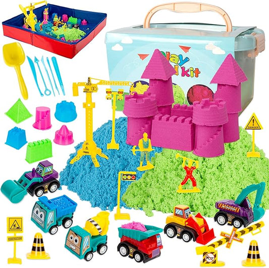 ThinkMax Sand Kit for Kids - 3lbs Sand, 6 Mini Construction Trucks, Toys, Signs, Castle Molds, Tools, Foldable Box and Storage Bin Tote - 43PCS Set for Boys Girls