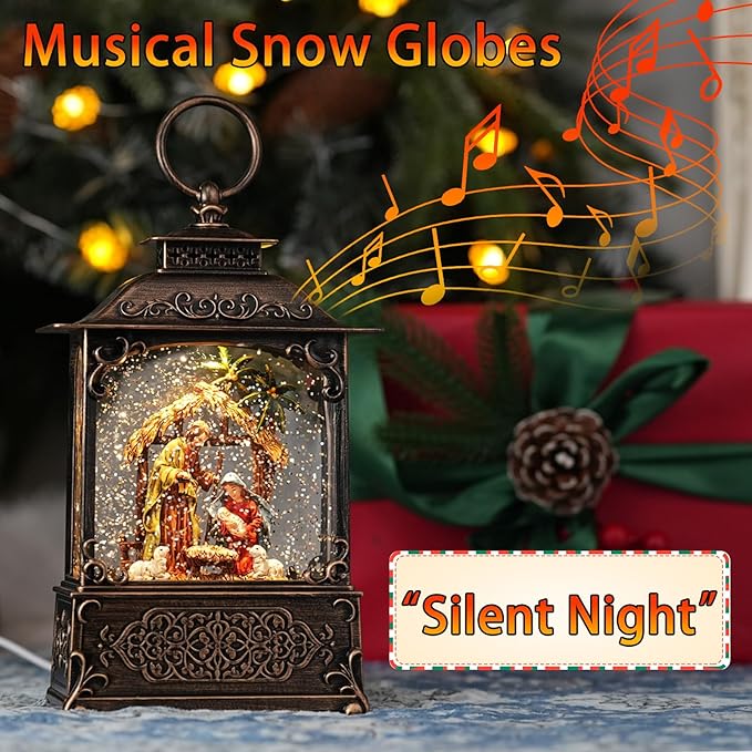 Nativity Scene Snow Globe, Light Up Christmas Snow Globes with Music Timer - USB Plug or Battery Operated Glitter Globe Indoor Christmas Decorations