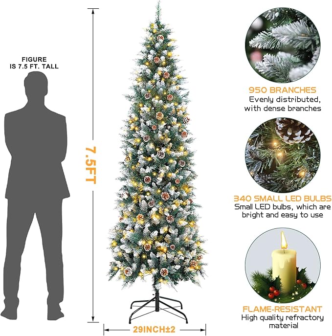 Prelit Pencil Christmas Tree with Lights, Skinny Artificial Christmas Tree, Indoor Fake Xmas Tree Holiday Decor (Warm White Lights, 7.5FT)