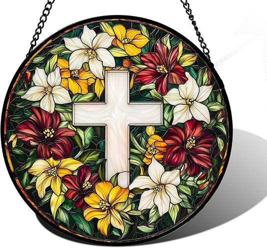 Stained Glass Window Hanging, Cross Flowers Sun Catchers Colorful Glass Panel Christianity Suncatcher Decor for Birthday for Women, Men, Wife, Aunt, and Mom 11.8x11.8 in