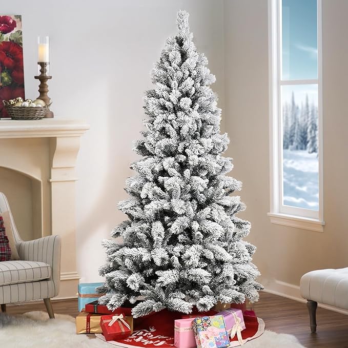 4 Ft Unlit Snow Flocked Christmas Tree, Artificial Xmas Tree with 350 PVC/PE Realistic Branch Tips, Metal Stand Decor for Holiday, Party, Home Easy to Assemble