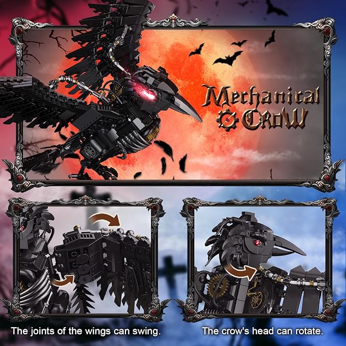 Mechanical Crow Building Block Sets for Adults, Compatible with Lego, Raven Animal Collection Model, Halloween Decor for Home or Office, STEM Toys Gift for Teens Boys and Girls 8-14 (1018PCS)