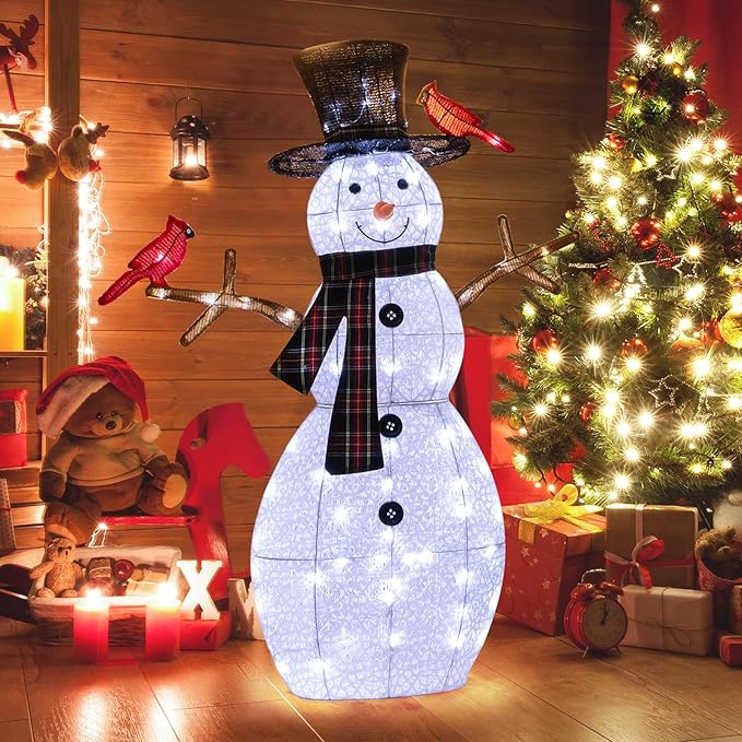 Tangkula 4.2 FT Lighted Christmas Snowman with Redbirds, Pre-Lit Snowman Ornament Christmas Decoration with Cold White LED Lights, Stakes, Outside Xmas Yard Decor, Xmas Indoor Outdoor Holiday Decor