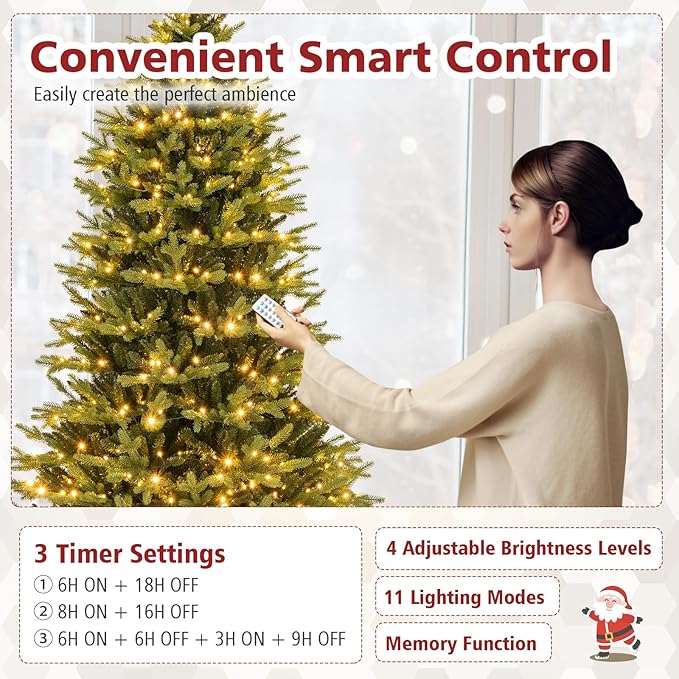 GOFLAME 7FT Prelit Artificial Christmas Tree, Hinged Christmas Tree with 470 LED Lights, 11 Lighting Modes, 1646 PE & PVC Branch Tips, Holiday Decoration Tree with Remote, Timer, Adjustable Brightness