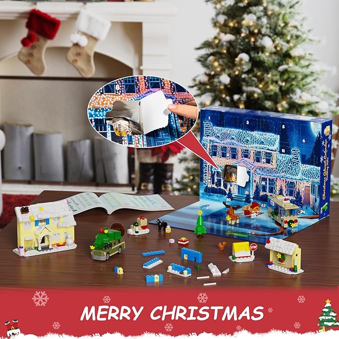Advent Calendar 2025 Christmas Holiday Xmas Countdown Calendar Gifts for Kids Ages 6+, 24 Surprises Festive Decor with Houses, RV, Car, Sledge... Compatible with Lego Gifts for Fans, Adult, Boys and Girls
