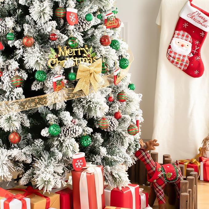 100Pcs Christmas Ball Ornaments Set, Shatterproof Plastic Red and Green Christmas Ornaments for Xmas Tree, Assorted Baubles Hanging Decorations for Holiday/Party/Wedding