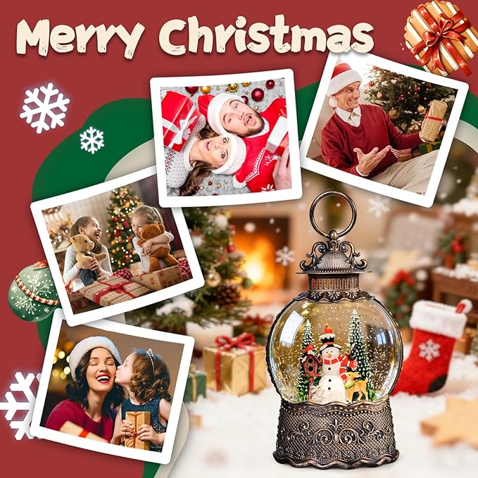 Christmas Snow Globes Lantern, Snowman and Christmas Tree Christmas Decorations Indoor, 6H Timer Battery & USB Powered Light Up Musical Snow Globes for Kids Women Adults Gift Thanksgiving Home Decor