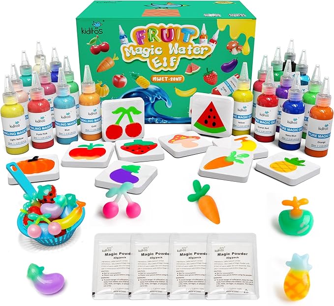 Kiditos Fruit Magic Water Elf Toy Kit,Aqua Fairy Water Gel Kit-20 Magic Gel&10 Molds-Make Your Own Water Elves&Squishy Toys–Fun Summer DIY Craft Kit,Birthday Gifts&Party Favors for Kids Ages 3+